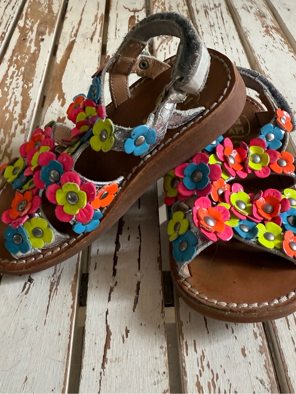 Pom D'Api Girls' Multicolor Floral Leather Sandals